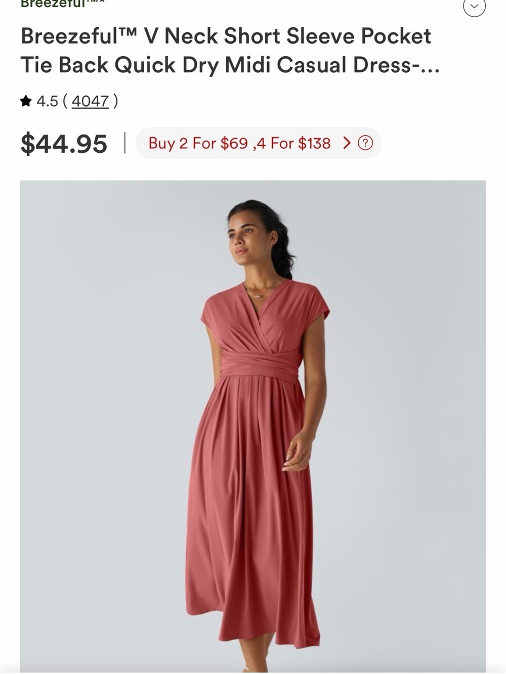 HALARA Dusty Rose V‑Neck Short Sleeve Midi Dress